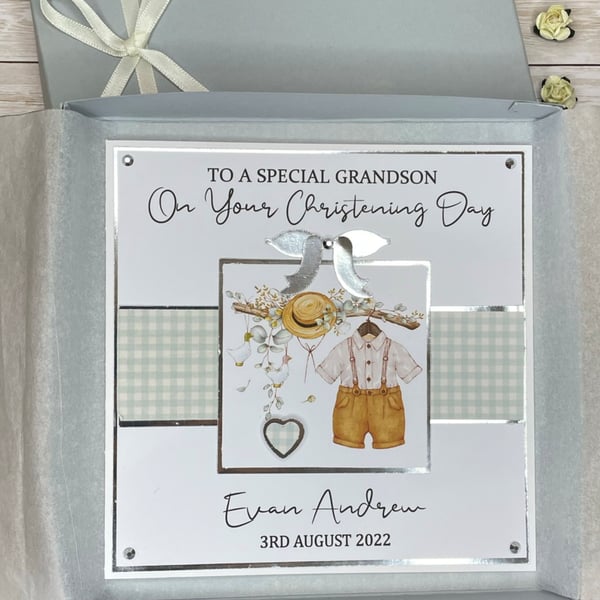 Personalised Christening Baptism Card Boy's Outfit Godson Grandson Nephew