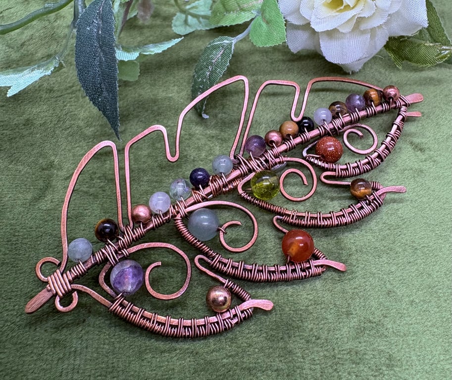 Antique copper and multi semi-precious stone brooche