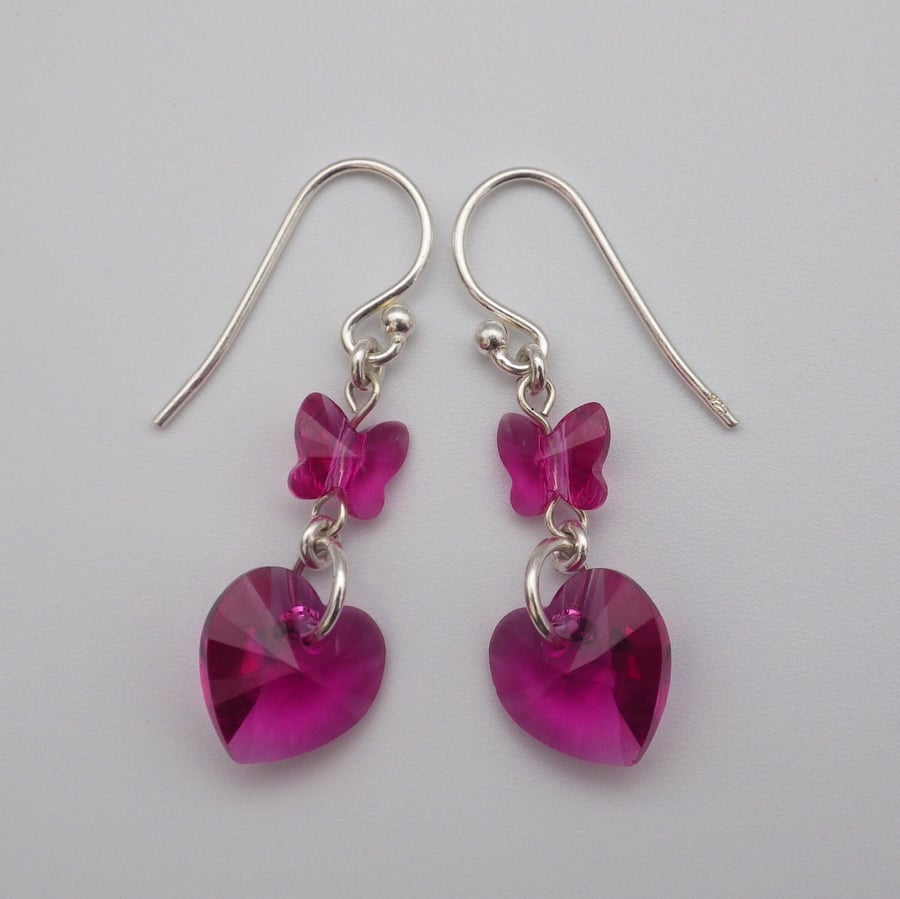 Swarovski fuchsia pink heart and butterfly earrings