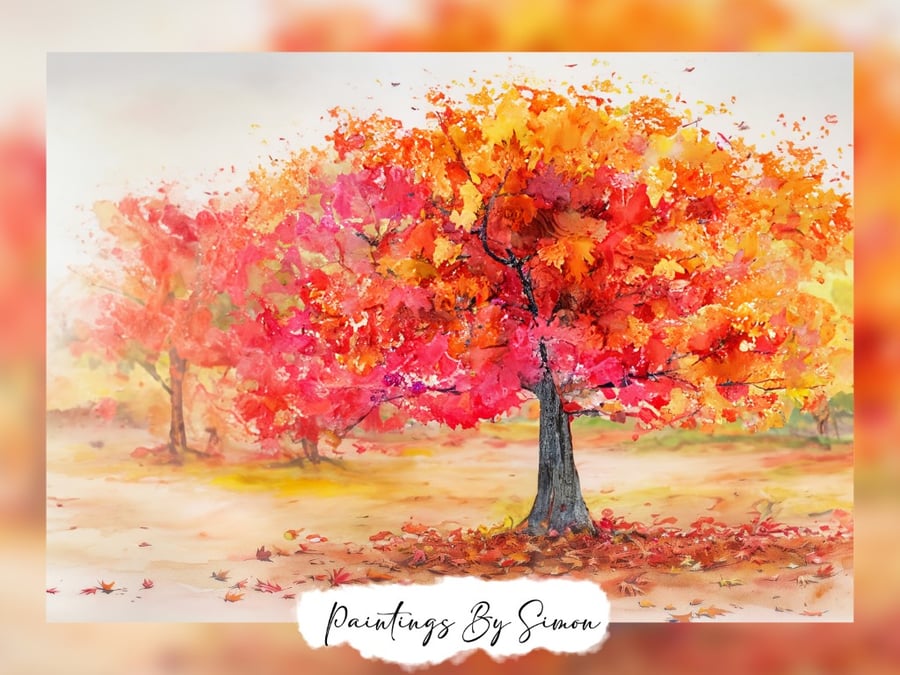 Vibrant Autumn Tree, Watercolor Painting Print 5"x7" on Matte Paper