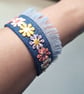 Upcycled Denim Cuff Bracelet with Pastel Floral Appliqué Ribbon - Free Postage - Image 3