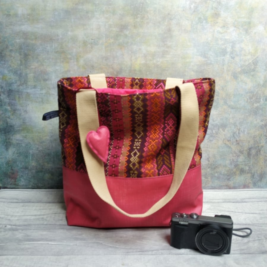 Woven Textile and Raspberry Oilcloth Shoulder Tote