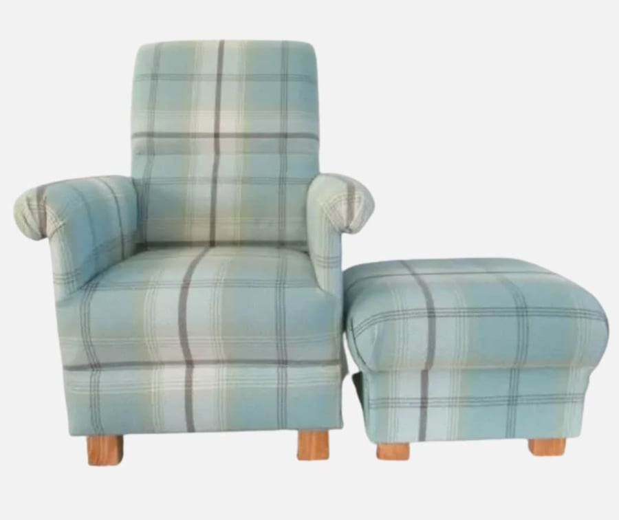 Tartan Armchair & Footstool Balmoral Duck Egg Fabric Adult Chair Check Checked 