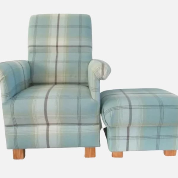 Tartan Armchair & Footstool Balmoral Duck Egg Fabric Adult Chair Check Checked 