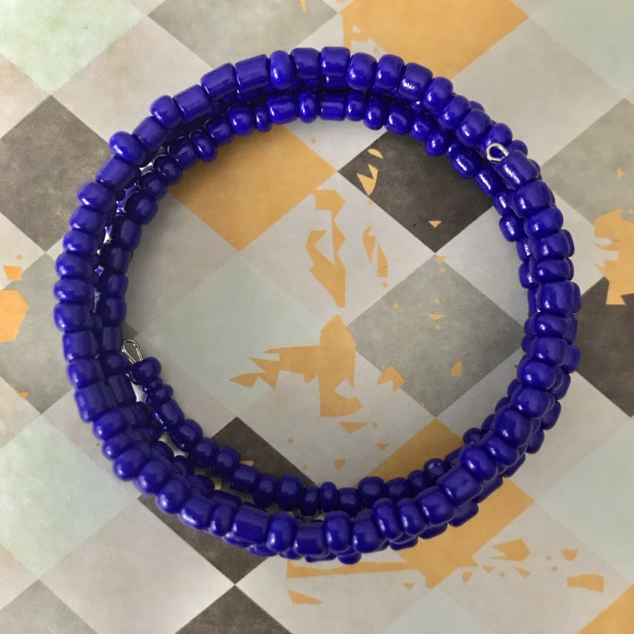 Royal Blue Chunky Seed Beaded Statement Memory Wire Bracelet