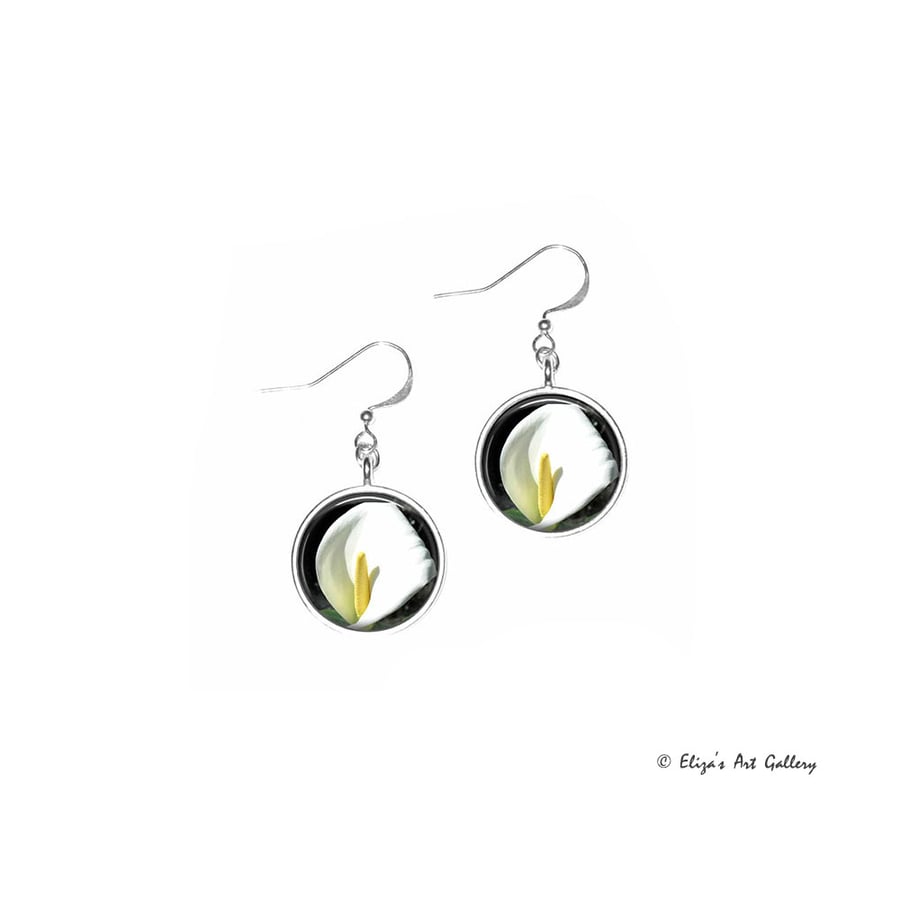 Silver Plated Calla Lily Flower Photo Earrings
