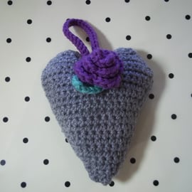 Crochet Heart with Rose decoration grey and purple. 