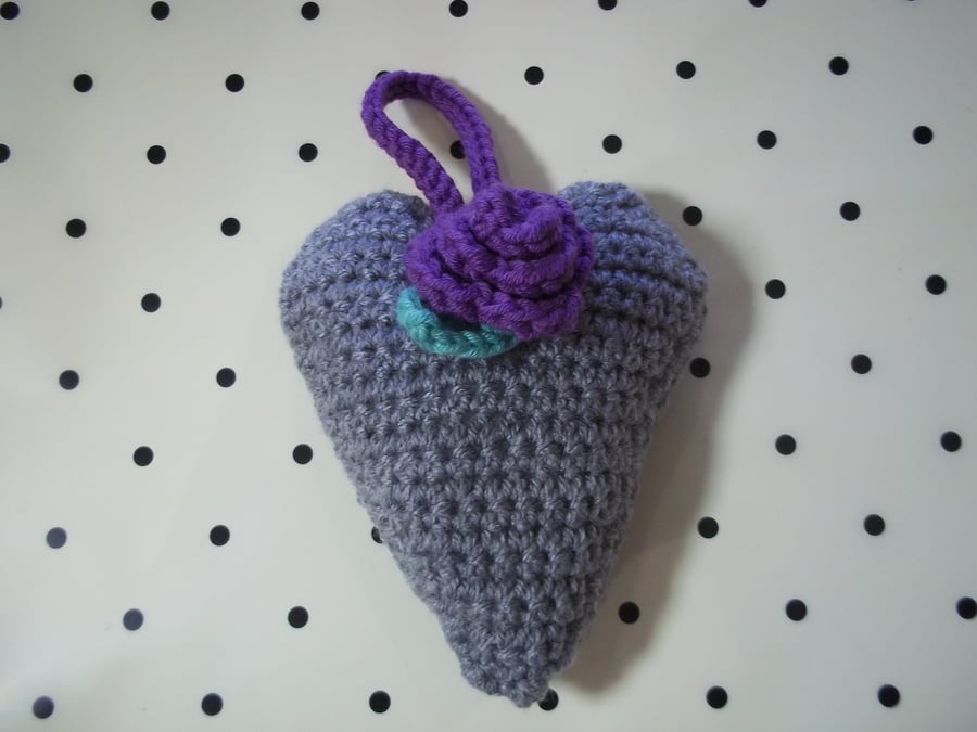 Crochet Heart with Rose decoration grey and purple. 