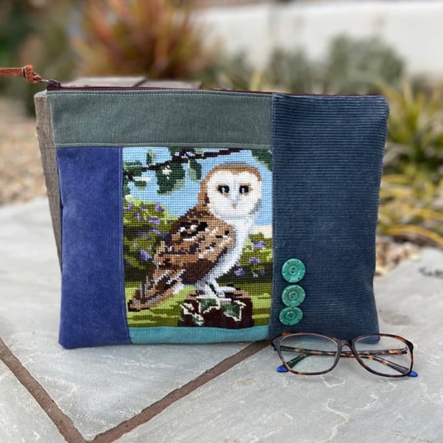 Repurposed owl tapestry large soft pouch