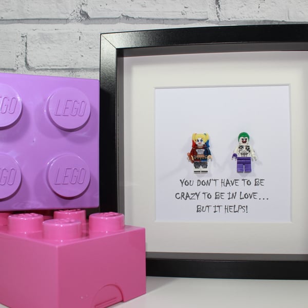 JOKER AND HARLEY QUINN - LOVE - VALENTINES DAY - FRAMED CUSTOM MINIFIGURES