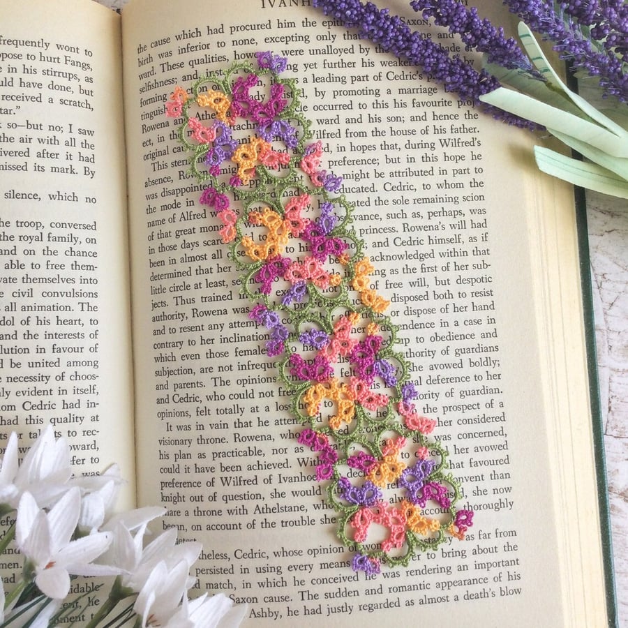 Floral Lace Bookmark in Tatting - Lilac, Purple, Peach, Yellow, Green