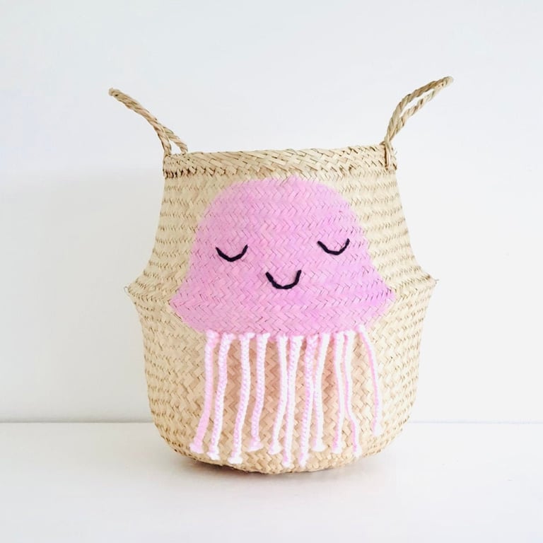 Pink jellyfish seagrass belly basket for kids toy storage