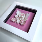 Framed Origami Hydrangea Tessellation – Geometric Paper Art, White on Pink