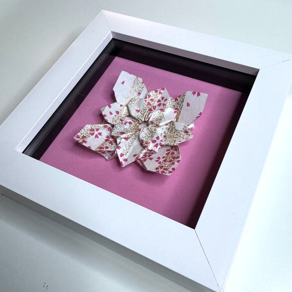 Framed Origami Hydrangea Tessellation – Geometric Paper Art, White on Pink