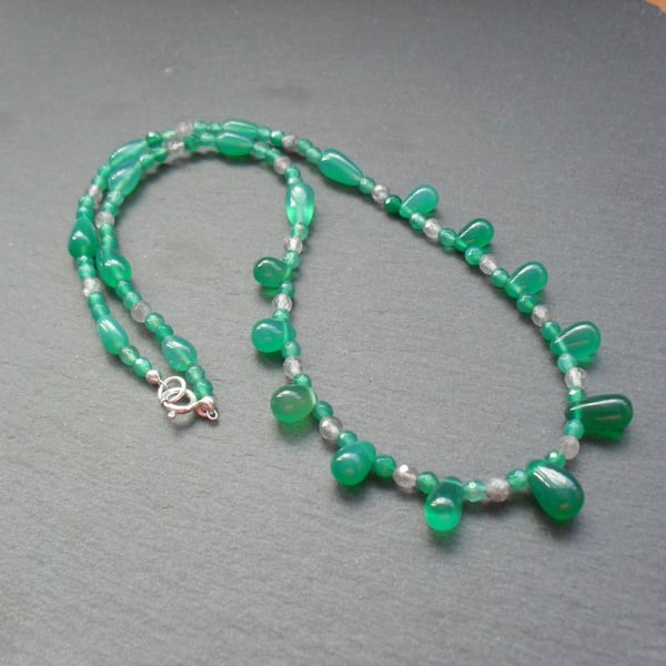 Sterling Silver Green Onyx and Quartz Beaded Necklace