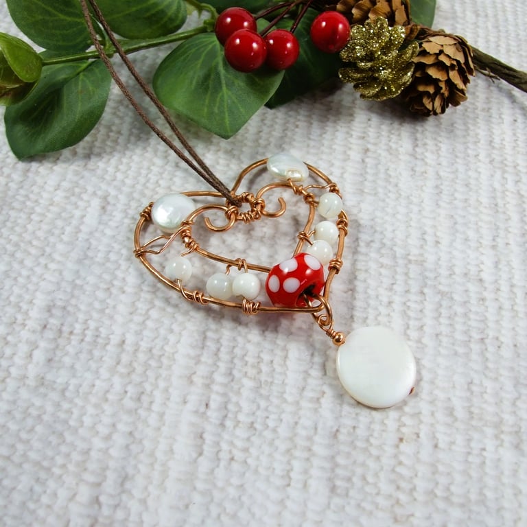 Copper Hanging Decoration with Pearls, Glass and Shell Beads