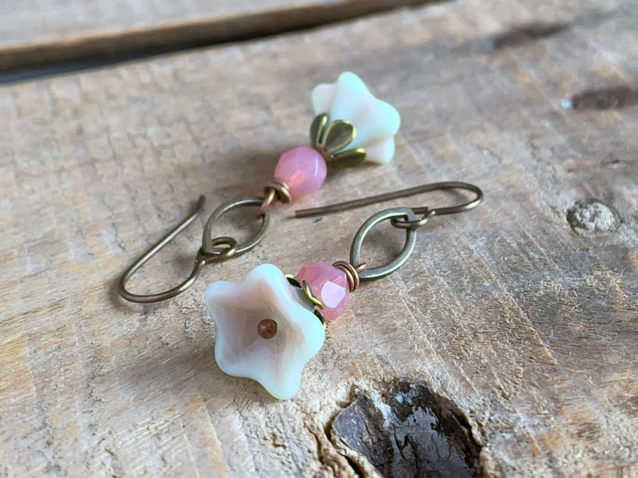 Pink & Green Czech Glass Flower Earrings. Floral Earrings. Spring Earrings