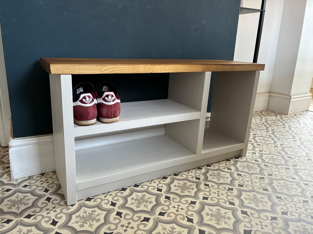 Solid wooden handcrafted chunky hallway shoe storage bench seat