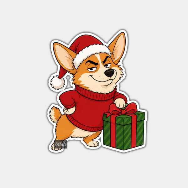 Unique Funny Christmas Sticker Xmas Decal - Cheeky Cute Happy Corgi Dog