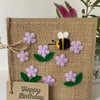 Handmade Birthday Card. Pale lilac flowers with a bee from wool felt. 