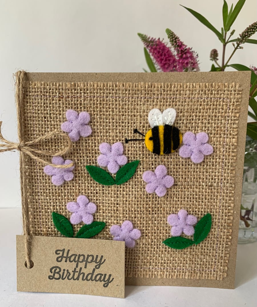 Handmade Birthday Card. Pale lilac flowers with a bee from wool felt. 