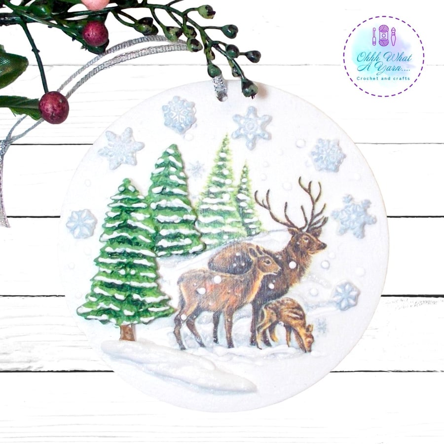 Deers mixed media hanging decoration. Deer ornament. Deer decoration.