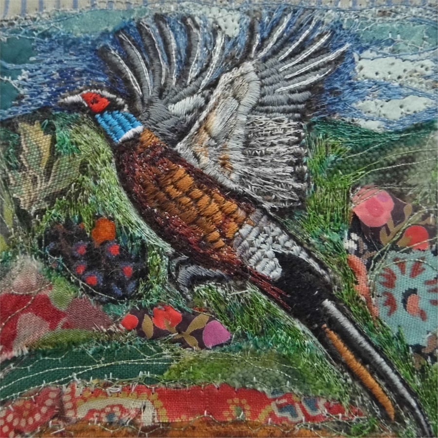 Flying Pheasant - Original Embroidery Collage