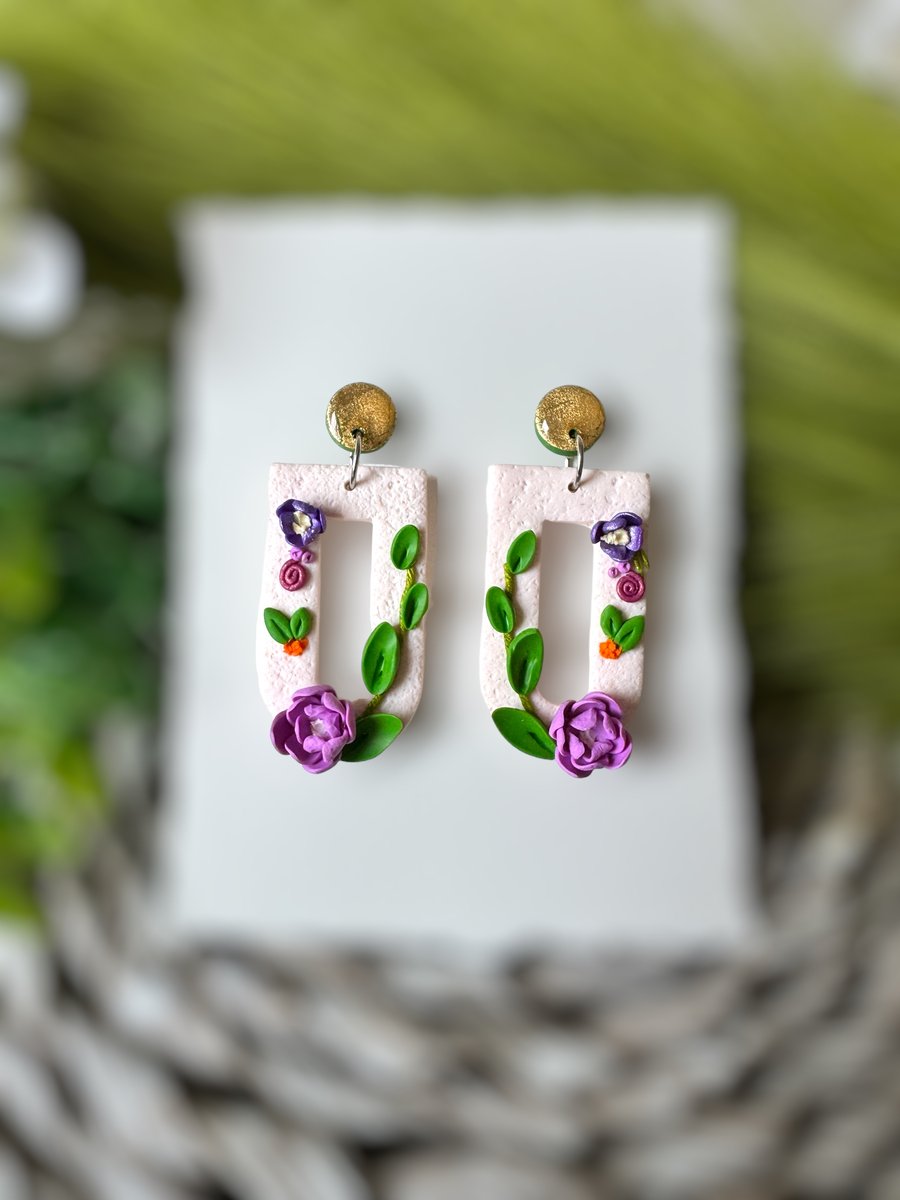 Trailing Vine and Flower Arch Polymer Clay Earrings