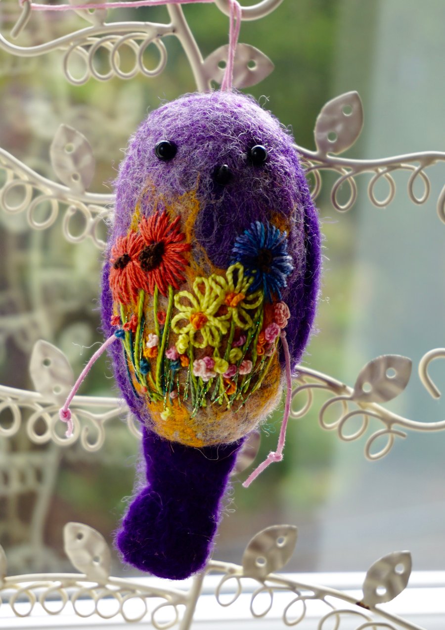 Felted Floral Finch hanging ornament 