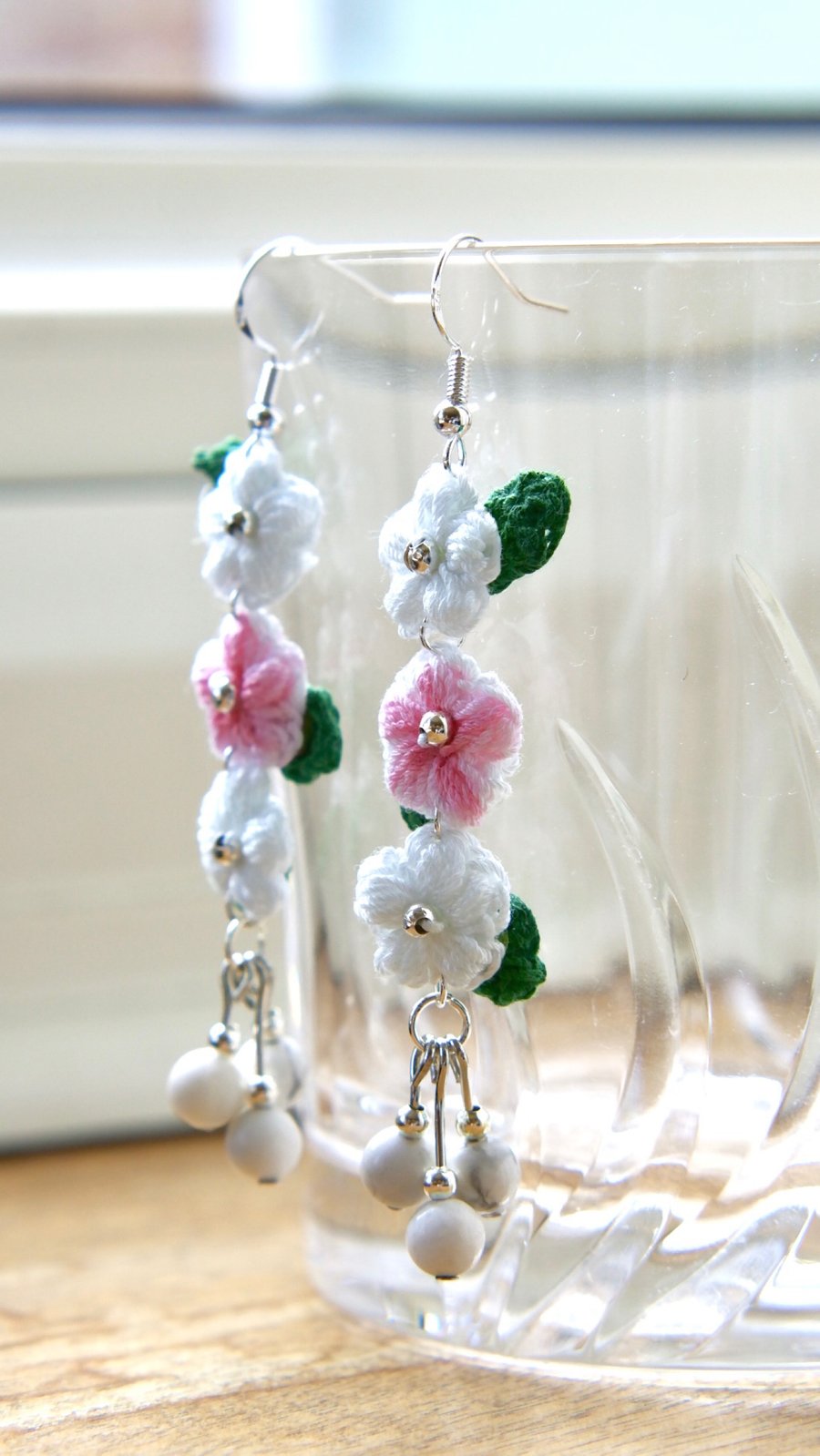 White Howlite Crochet Floral Earrings 