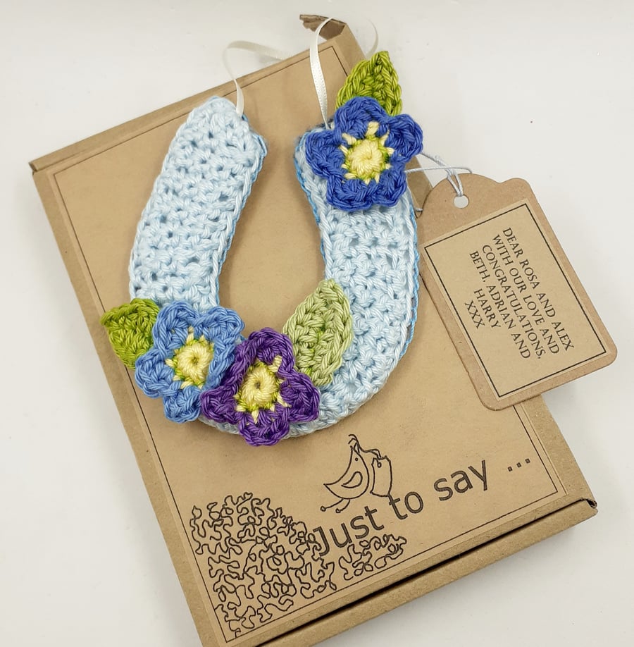 Reserved for Beth. Crochet Horseshoe- Alternative to a Wedding Card