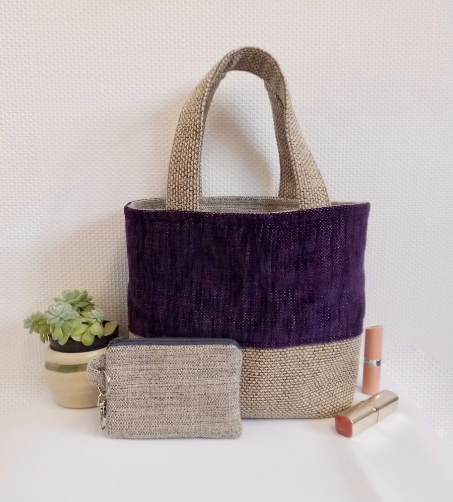 Handbag mini tote bag and purse in purple and beige