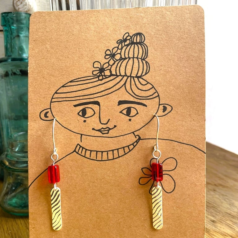 Fine silver stripe earrings with red bead - and hand drawn gift card