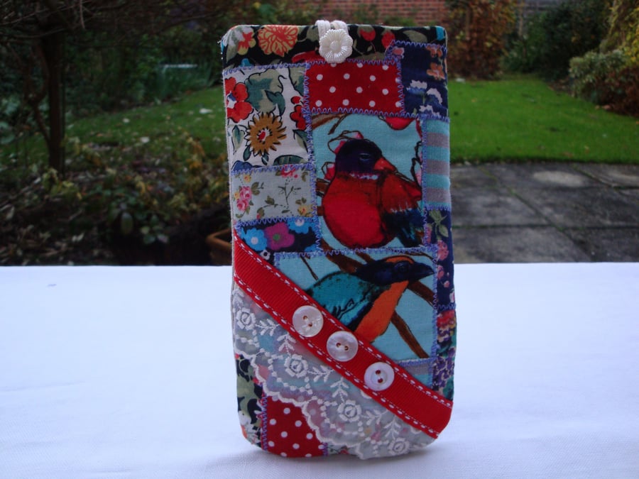 (RESERVED Flora ) Crazy patchwork glasses case - birds - lace - buttons.