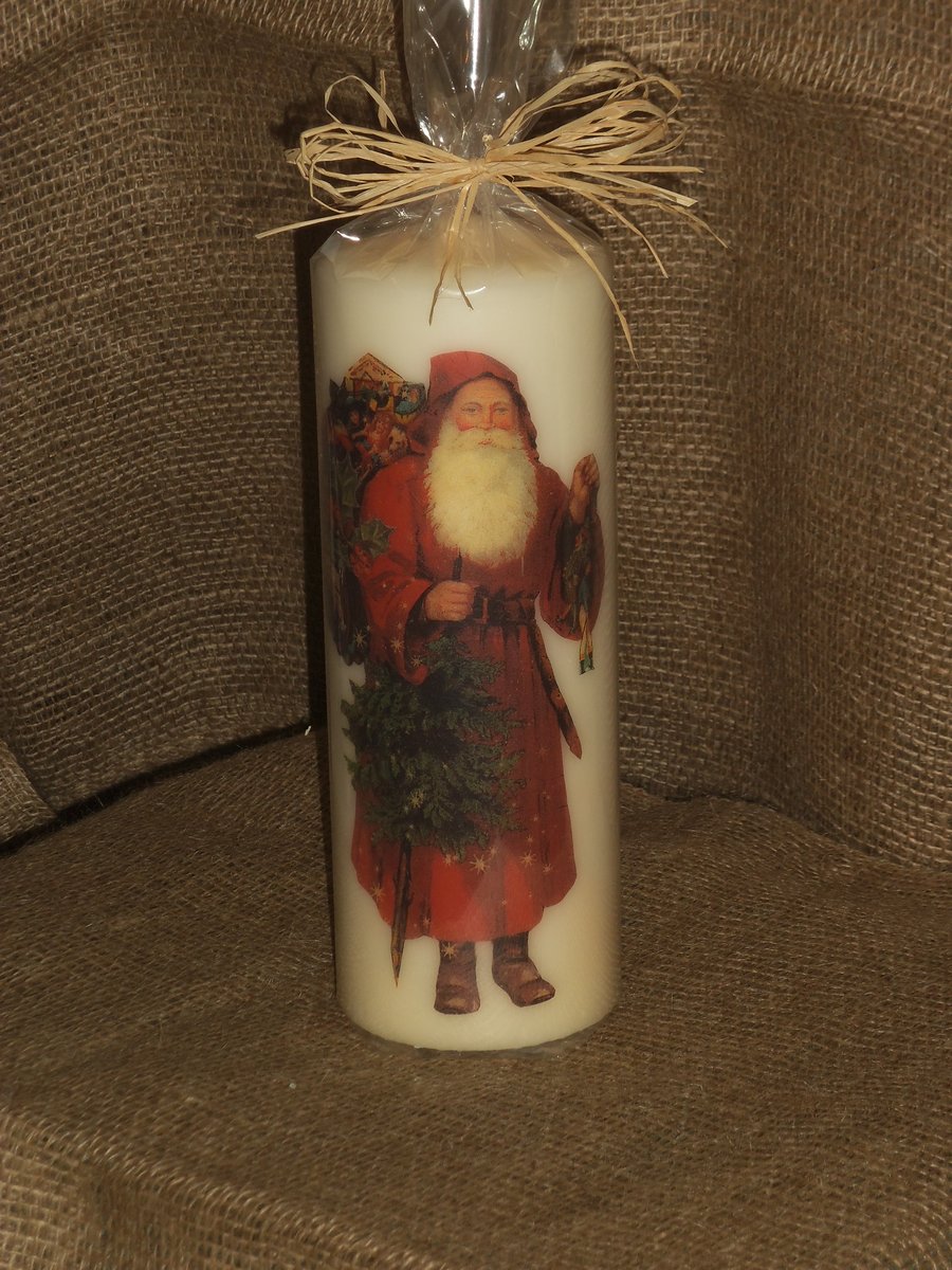 Decorated Candle Vintage Santa Father Christmas Decoupage Unusual