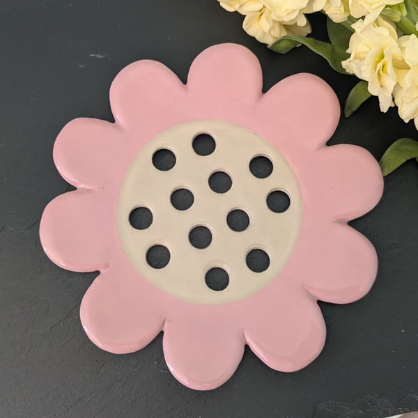 Ceramic pastel pink large flower frog