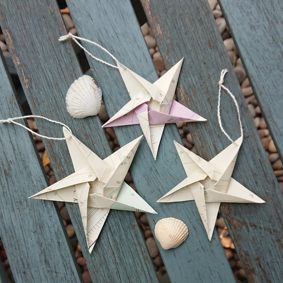 Origami hanging stars - set of 3 nautical decorations