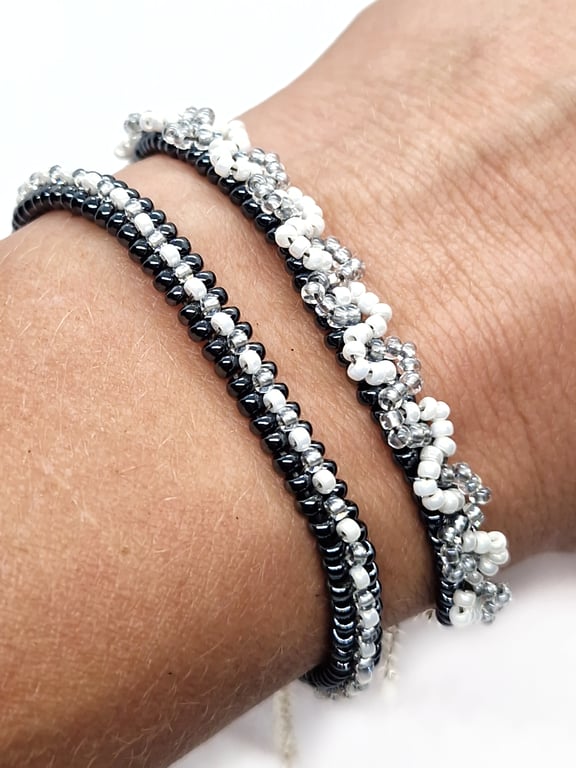 Steel grey white and silver beaded tennis bracelet set