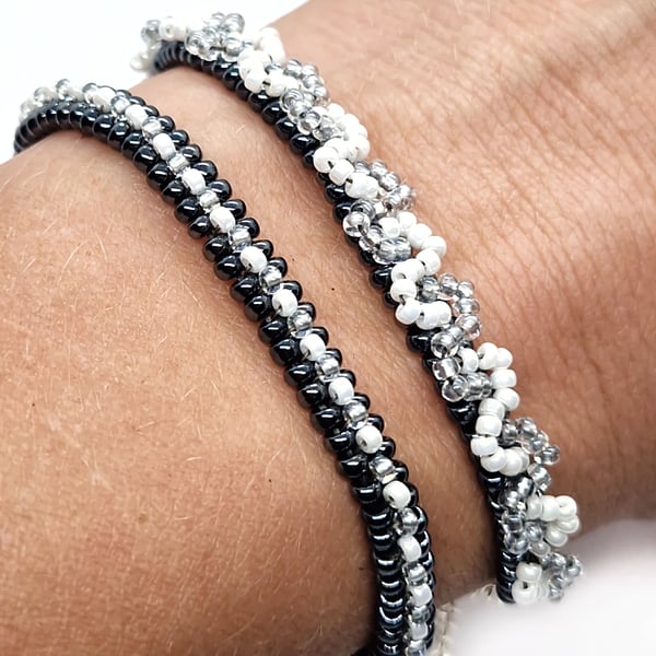 Steel grey white and silver beaded tennis bracelet set