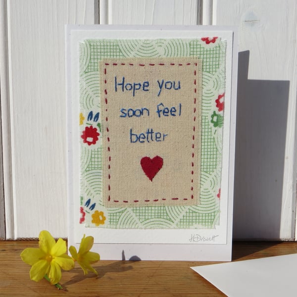 Cheerful hand-stitched card, pretty retro fabric and applique heart