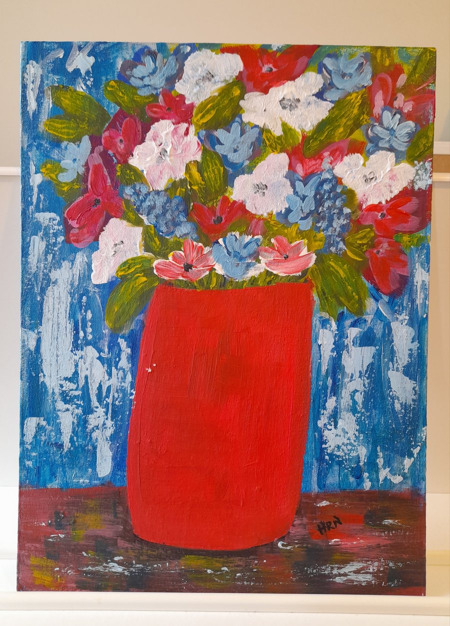 Original acrylic abstract Flowers in red vase 12 x 16 inches HRN0026