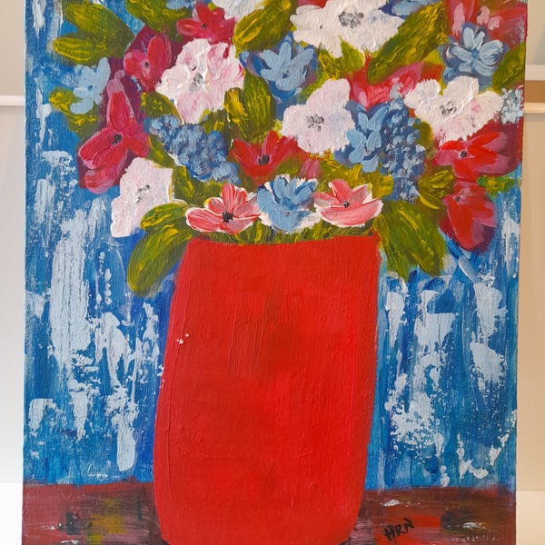 Original acrylic abstract Flowers in red vase 12 x 16 inches HRN0026