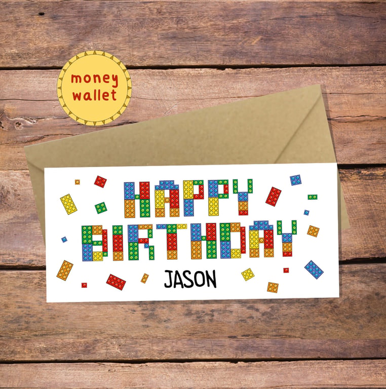 Happy Birthday Bricks Personalised Money Wallet Card - cash gift envelope