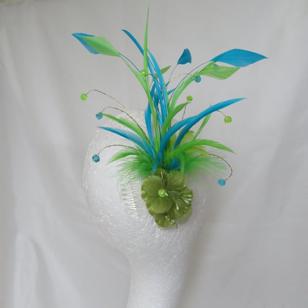 Turquoise Blue & Lime Pistachio Green Feather Plume Flower Regency Hair Comb