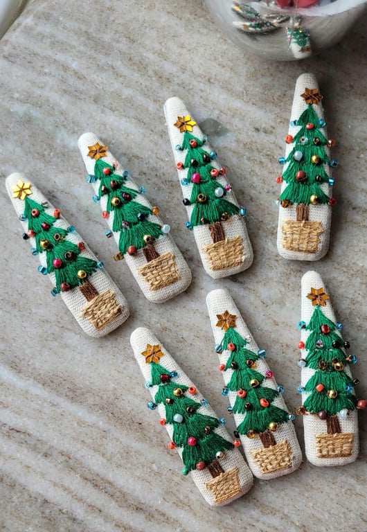 christmas tree hair clip, hand embroided, winter snow, gifts for girls