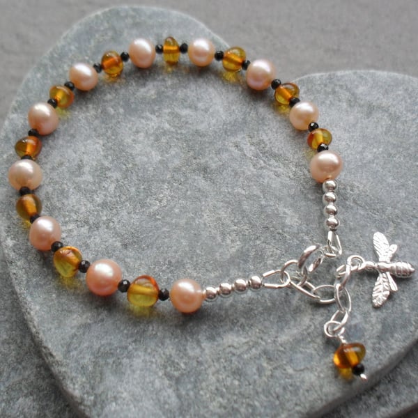 Baltic Amber Black Spinel and Peach Freshwater Pearl Sterling Silver  Bracelet