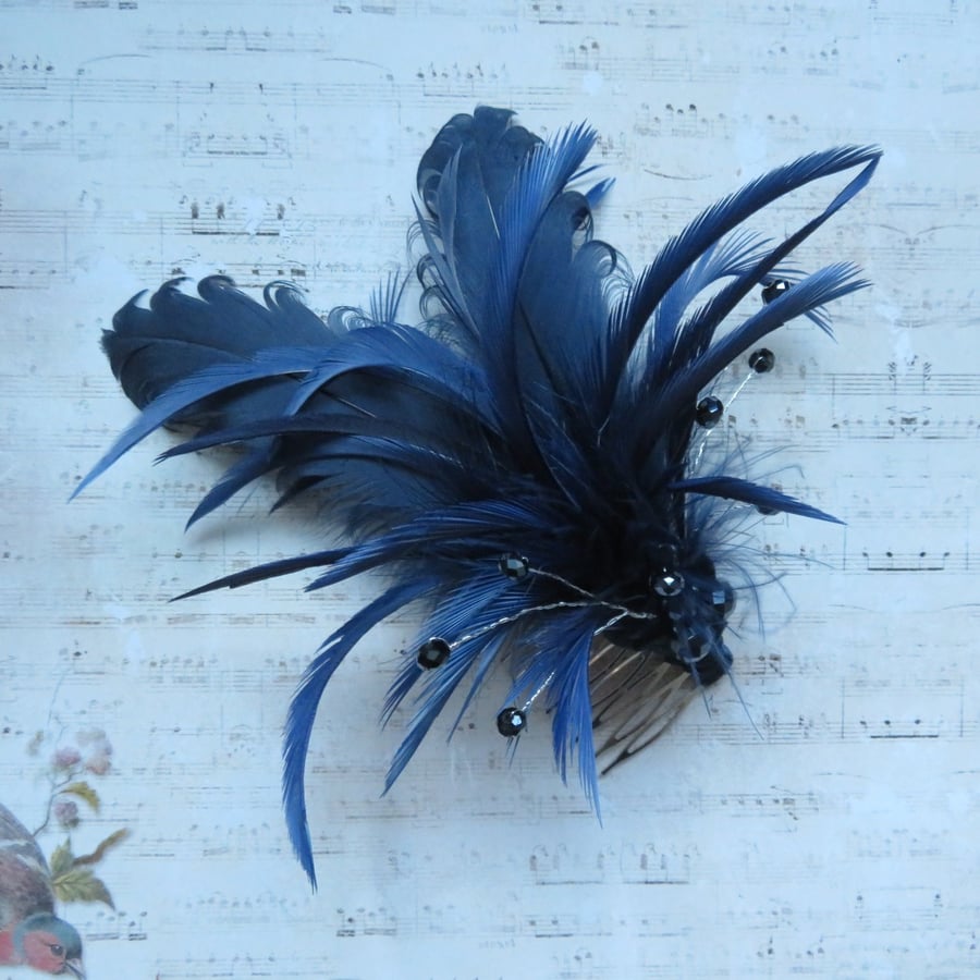 Navy Blue Regency Feather & Crystal Fascinator Comb Headpiece