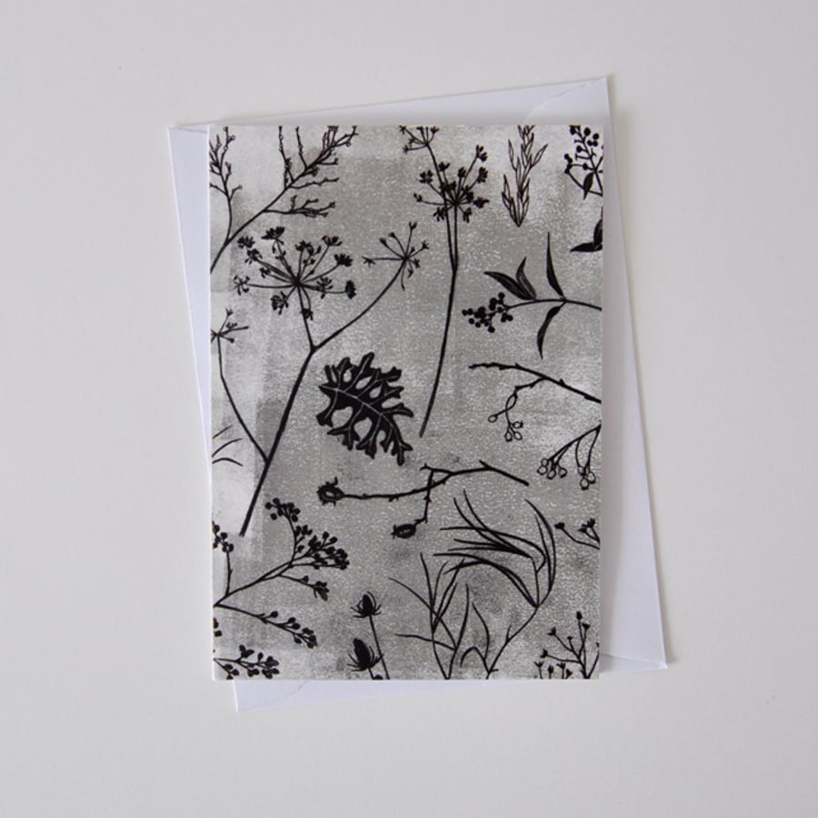 Monochrome Greeting Card with berries, grasses, leaves, fennel and thistles