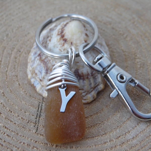 Initial 'Y' Amber Cornish Sea Glass Bag Charm Keyring K418