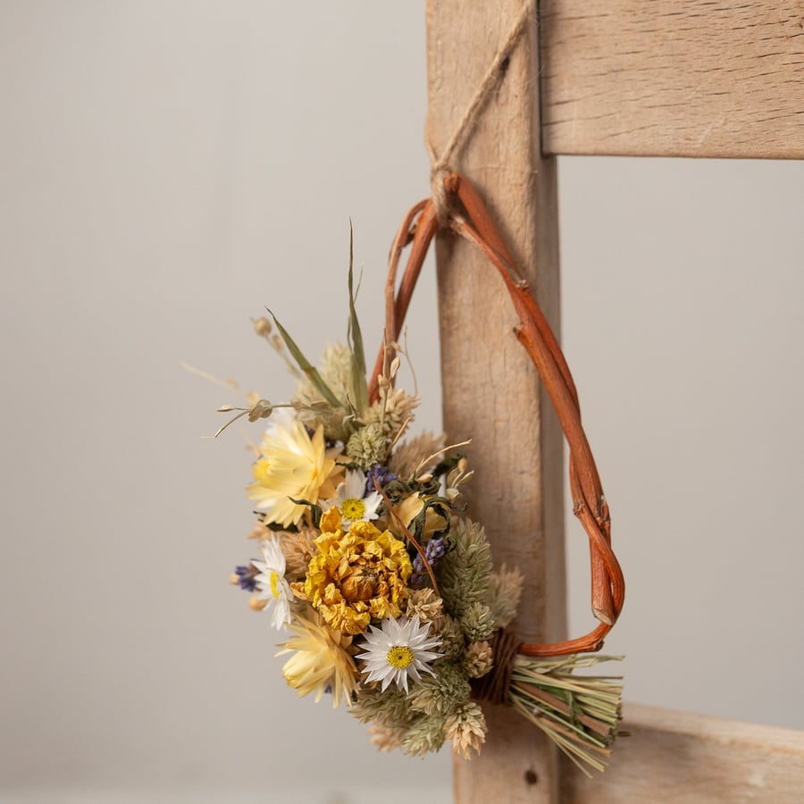 Handmade rustic yellow, white and lavender dried flower wreath